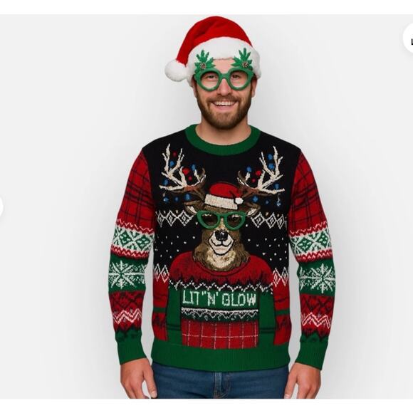 Ugly Christmas Sweater Other - Ugly Holiday Sweater Let It Glow Reindeer Christmas Sweater Size Large